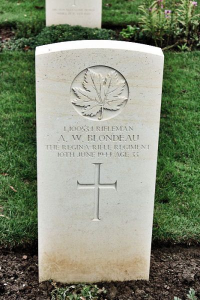 Grave Marker – A photograph (2010) of the headstone at the Beny-sur-Mer Canadian War Cemetery, located at Reviers, about 4 kilometres from Juno Beach in Normandy, France. May he rest in peace. (J. Stephens)